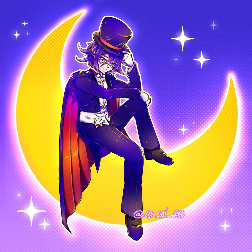 1boy black_cape black_hat brown_cape cape catilmams cosplay crescent_moon danganronpa_(series) danganronpa_v3:_killing_harmony eye_mask hair_between_eyes hat highres jacket long_sleeves moon oma_kokichi open_clothes open_jacket pants purple_background purple_jacket purple_pants shirt shoes sparkle top_hat tuxedo_kamen tuxedo_kamen_(cosplay) white_mask white_shirt