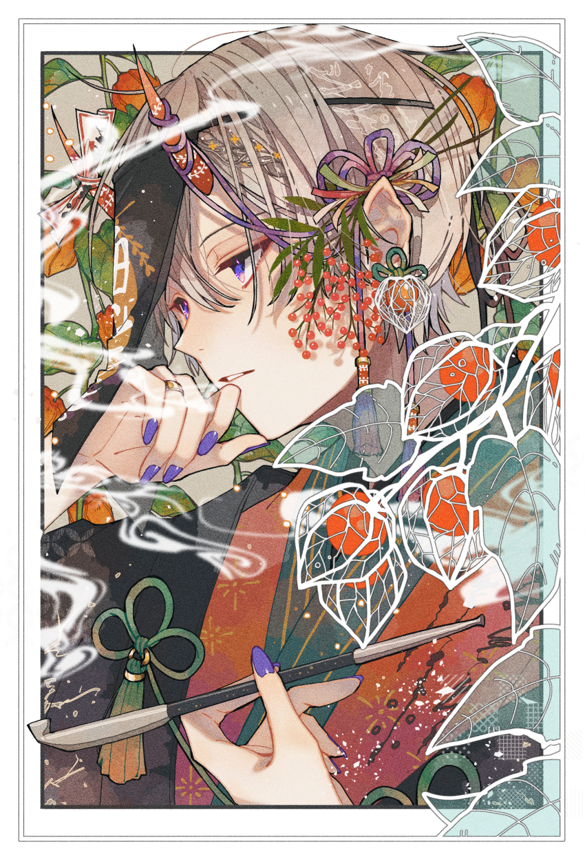 1boy black_kimono border brown_hair commentary_request earrings flower_knot hair_between_eyes hair_ornament highres horn_ornament horn_ribbon horns japanese_clothes jewelry kimono kiseru looking_to_the_side male_focus nail_polish original parted_lips plant purple_eyes purple_nails red_horns ribbon shira_mame93 short_hair smoke smoking_pipe solo tassel tassel_hair_ornament upper_body white_border
