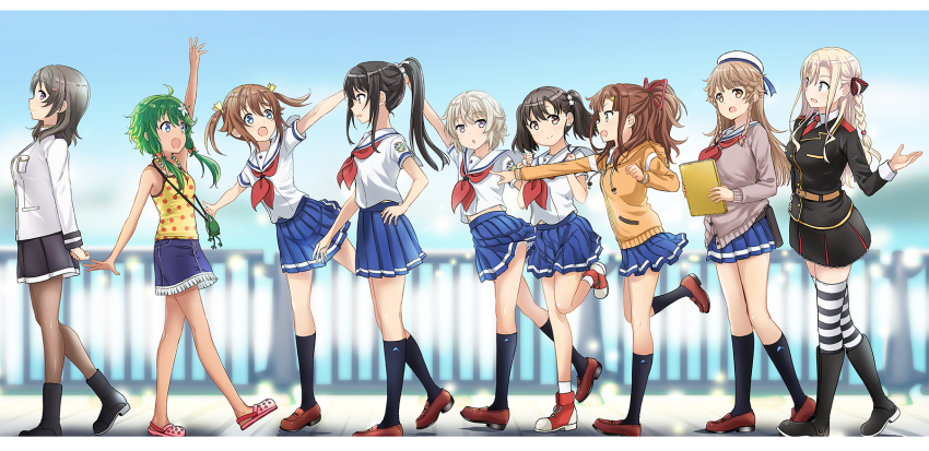 6+girls :d abe_kanari ahoge animal_hood black_hair black_jacket black_skirt black_socks blonde_hair blue_eyes blue_skirt boots braid brown_footwear brown_hair cardigan cat_hood character_request check_character china_moeka crocs denim denim_skirt from_side full_body green_hair grey_hair hair_ornament hair_ribbon hairclip hat high_school_fleet highres hood irizaki_mei jacket kneehighs leg_up loafers long_hair looking_at_another medium_hair misaki_akeno multiple_girls munetani_mashiro navel neckerchief necktie nosa_kouko open_mouth pantyhose pink_shoes pleated_skirt polka_dot polka_dot_shirt ponytail red_footwear red_neckwear red_ribbon ribbon sailor_hat school_uniform serafuku shiretoko_rin shirt shoes short_hair short_sleeves sidelocks single_braid skirt sleeveless sleeveless_shirt smile sneakers socks striped_clothes striped_legwear striped_thighhighs susan_reyes tan tateishi_shima thighhighs walking white_headwear white_ribbon wilhelmina_braunschweig_ingenohl_friedeburg yellow_ribbon yokosuka_girls_marine_high_school_uniform