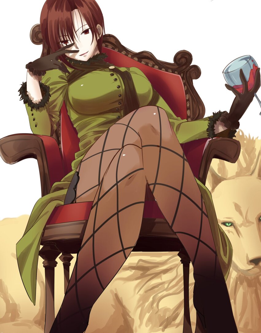 1girl 1other alcohol aozaki_touko aozaki_touko_(mahou_tsukai_no_yoru) bad_id bad_twitter_id black_gloves breasts chair coat crossed_legs cup drinking_glass fur-trimmed_coat fur_trim gloves green_coat highres holding holding_cup large_breasts looking_at_viewer lugh_beowulf lugh_beowulf_(wolf) mahou_tsukai_no_yoru pantyhose red_eyes red_hair red_wine rlimu_oneode simple_background sitting type-moon white_background wine wine_glass