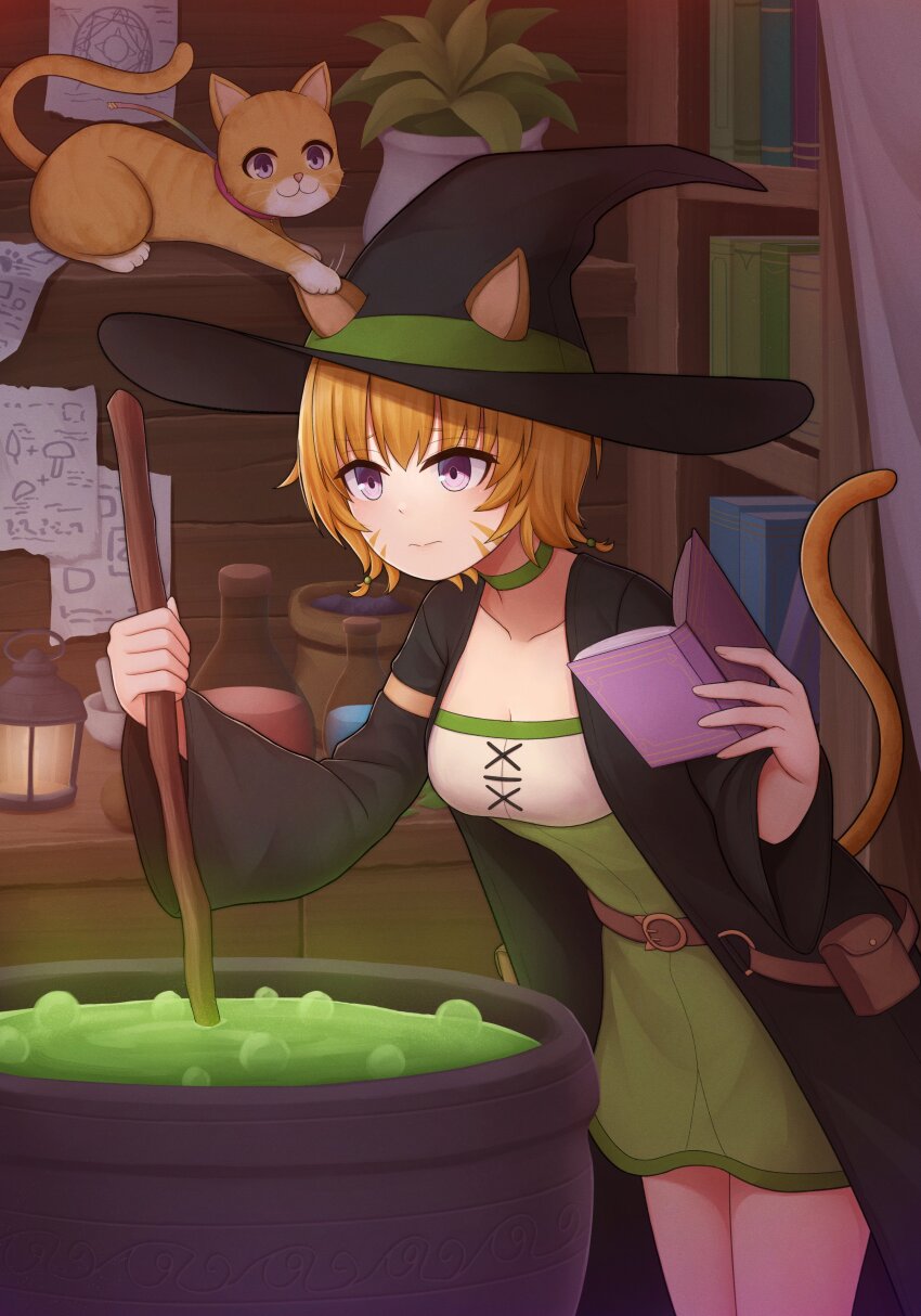 absurdres alternate_costume animal_ears atorie bag black_headwear cat cat_ears cat_girl cat_tail cauldron collar commission commissioner_upload dress facepaint fire_emblem fire_emblem:_path_of_radiance fire_emblem:_radiant_dawn hat highres large_hat lethe_(fire_emblem) lyre_(fire_emblem) nintendo orange_hair pixiv_commission potion purple_eyes satchel short_hair staff tail witch witch_hat worried