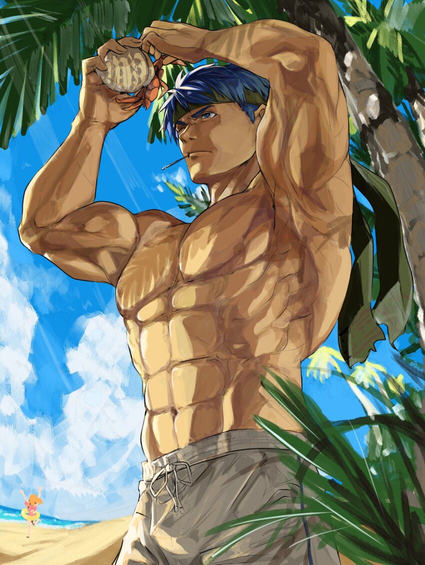 1boy 1girl abs armpits arms_up bara bare_pectorals beach biceps blue_eyes blue_hair fire_emblem fire_emblem:_radiant_dawn headband hermit_crab highres ike_(fire_emblem) large_pectorals male_focus male_swimwear mist_(fire_emblem) muscular muscular_male navel needle nintendo nipples one_eye_closed palm_tree pectorals sand short_hair sky sutekina_yari swim_ring topless_male tree