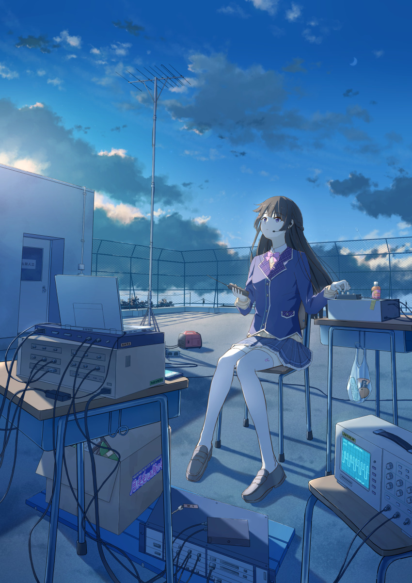 1girl absurdres antennae anyotete blazer blue_skirt blue_sky box brown_hair cable cardboard_box chair cloud controller earphones highres holding holding_remote_control jacket long_hair nijisanji on_roof outdoors pleated_skirt purple_eyes remote_control school_uniform sitting skirt sky thighhighs tsukino_mito tsukino_mito_(1st_costume) virtual_youtuber white_thighhighs