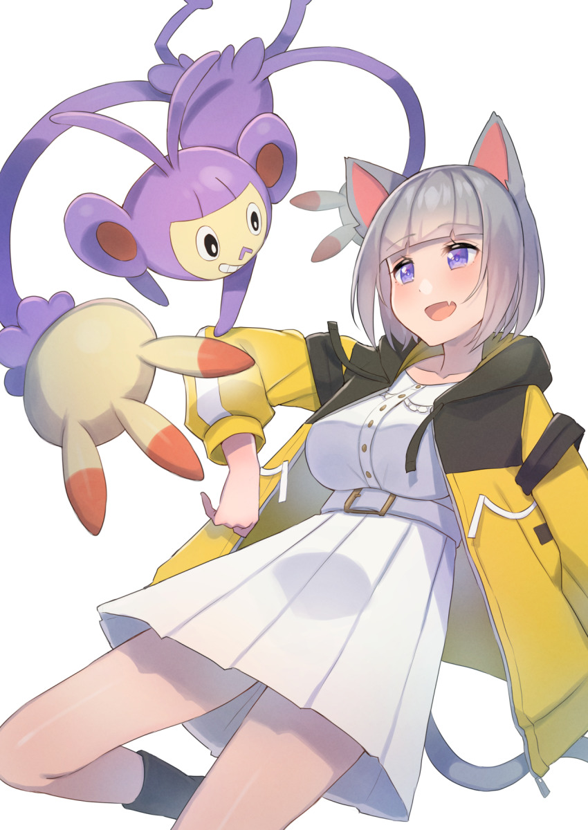 1girl ambipom animal_ears belt blue_eyes blunt_bangs blush breasts cat_ears cat_girl cat_tail cosplay dawn_(pokemon) dawn_(pokemon)_(cosplay) dress eichan_(eichanidfi) fang gen_4_pokemon grey_hair highres hood hooded_jacket jacket large_breasts nintendo open_clothes open_jacket open_mouth original pleated_dress pokemon pokemon_bdsp simple_background skin_fang smile tail white_background white_belt white_dress yellow_jacket