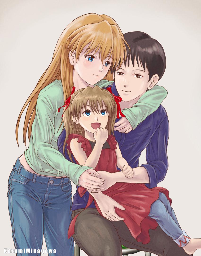 1boy 2girls aged_up alternate_universe artist_name black_hair blue_eyes blue_pants blush brown_hair child couple denim family father_and_daughter grabbing_from_behind hair_ornament hair_ribbon happy highres hug if_they_mated ikari_shinji kazumina long_hair long_sleeves mother_and_daughter multiple_girls neon_genesis_evangelion open_mouth outdoors pants red-framed_eyewear ribbon shirt short_hair short_sleeves smile souryuu_asuka_langley sweater twintails very_long_hair