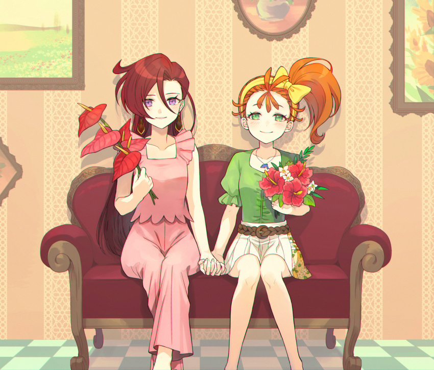 2girls asymmetrical_bangs bare_arms bare_legs belt blush bouquet bow bow_hairband brown_belt brown_hair checkered_floor closed_mouth collarbone dolphin_pendant dress_shirt flower green_eyes green_shirt hair_between_eyes hair_bow hairband hibiscus high_ponytail highres holding holding_bouquet holding_hands indoors interlocked_fingers long_hair looking_at_viewer miniskirt multiple_girls natsuumi_manatsu pants parted_lips pink_pants pink_shirt pleated_skirt ponytail precure purple_eyes red_flower red_hair shirt short_sleeves side_ponytail sitting skirt sleeveless sleeveless_shirt smile takizawa_asuka tropical-rouge!_precure very_long_hair white_flower white_skirt yellow_bow yellow_hairband yuzu_sato