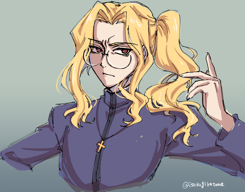 1boy blonde_hair cross cross_necklace glasses highres isurugiratone jewelry michael_roa_valdamjong michael_roa_valdamjong_(human) necklace ponytail priest red_eyes solo tsukihime type-moon vampire