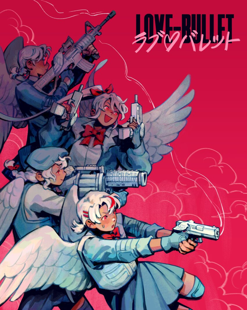 4girls absurdres aiming angel_wings atissiart beret blue_jacket blue_shirt bow braid bulletproof_vest chiyo_(love-bullet) commentary copyright_name cupid dual_wielding elbow_pads ena_(love-bullet) english_commentary feathered_wings fingerless_gloves gloves grenade_launcher gun hair_bow handgun hat heart heart-shaped_eyewear highres holding holding_gun holding_weapon jacket kanna_(love-bullet) knee_pads koharu_(love-bullet) love-bullet multicolored_hair multiple_girls open_clothes open_jacket pleated_skirt ponytail red_background red_bow red_eyes red_hair rifle scope shirt short_twintails skirt streaked_hair submachine_gun sweatdrop twintails weapon white_hair white_shirt wings