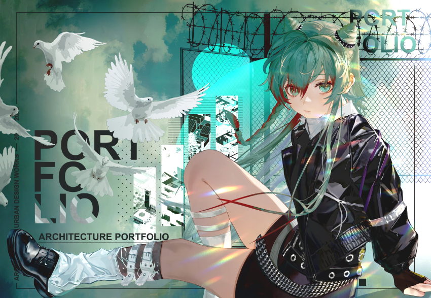 1girl absurdres aqua_eyes aqua_hair asymmetrical_legwear black_jacket black_shoes black_skirt chain-link_fence chinese_commentary commentary_request cone_hair_bun double_bun fence hair_between_eyes hair_bun highres jacket jin_sumire leg_warmers long_hair long_sleeves multicolored_hair original red_hair shoes skirt sleeves_past_wrists solo streaked_hair white_leg_warmers