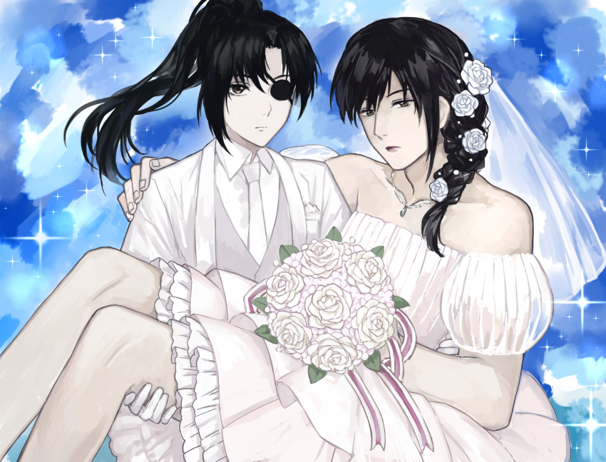 1boy 1girl black_eyes black_hair braid braided_ponytail bridal_veil carrying carrying_person cloud cloudy_sky crossdressing dress expressionless eyepatch flower formal_clothes gintama glint gloves green_eyes hair_flower hair_ornament jewelry katsura_kotarou looking_at_viewer necklace necktie ponytail princess_carry role_reversal rose simple_background sky sky suit veil wedding_dress white_dress white_flower white_gloves white_necktie white_rose white_suit yagyuu_kyuubei zakirsiz