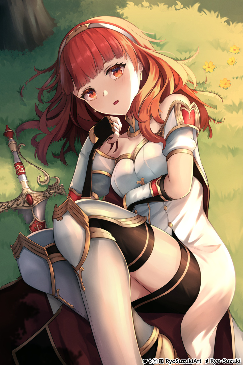 1girl absurdres armor armored_boots bare_shoulders black_gloves blunt_bangs boots celica_(fire_emblem) deviantart_logo deviantart_username dress earrings fingerless_gloves fire_emblem fire_emblem_echoes:_shadows_of_valentia flower gloves hairband highres instagram_logo jewelry long_hair looking_at_viewer lying nintendo on_side pixiv_logo red_eyes red_hair ryo-suzuki solo sword thighhighs tiara tumblr_logo twitter_logo twitter_username weapon white_dress zettai_ryouiki