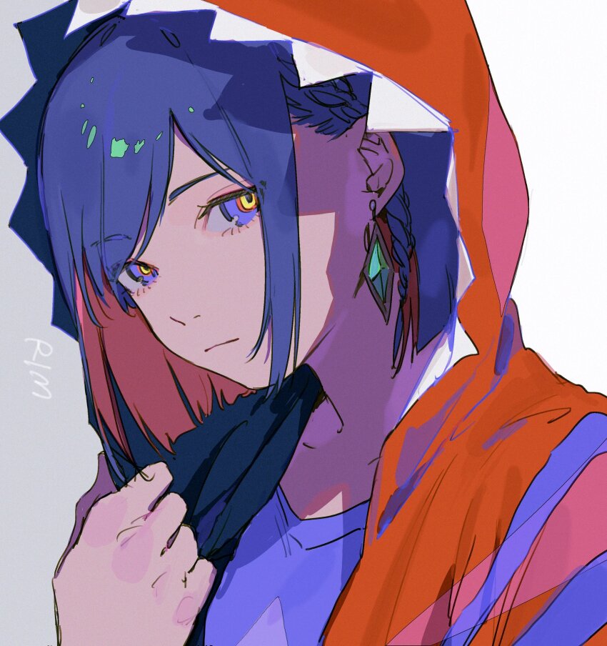 1girl blue_eyes blue_hair blue_shirt braid colored_inner_hair diamond_earrings earrings expressionless from_side hand_up highres holding_hoodie hood hood_up hooded_jacket hoodie jacket jewelry kamitsubaki_studio looking_at_viewer multicolored_eyes multicolored_hair multicolored_hoodie multicolored_jacket red_eyes red_hair red_jacket rim_(kamitsubaki_studio) shirt side_braid simple_background solo suemare1 upper_body virtual_youtuber white_background yellow_pupils