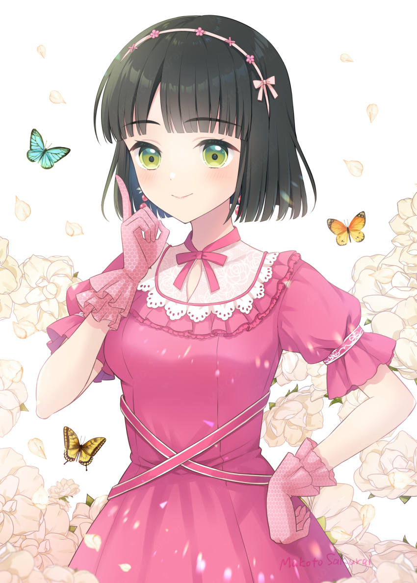 1girl black_hair blue_butterfly blunt_bangs blunt_ends blush breasts bug butterfly closed_mouth commentary_request cowboy_shot dress floral_background flower frilled_dress frilled_gloves frills gloves green_eyes hairband highres index_finger_raised insect link!_like!_love_live! looking_at_viewer love_live! medium_breasts momose_ginko orange_butterfly pink_dress pink_gloves pink_hairband puffy_short_sleeves puffy_sleeves reflection_in_the_mirror_(love_live!) sakurai_makoto_(custom_size) short_hair short_sleeves smile solo virtual_youtuber white_background white_flower yellow_butterfly
