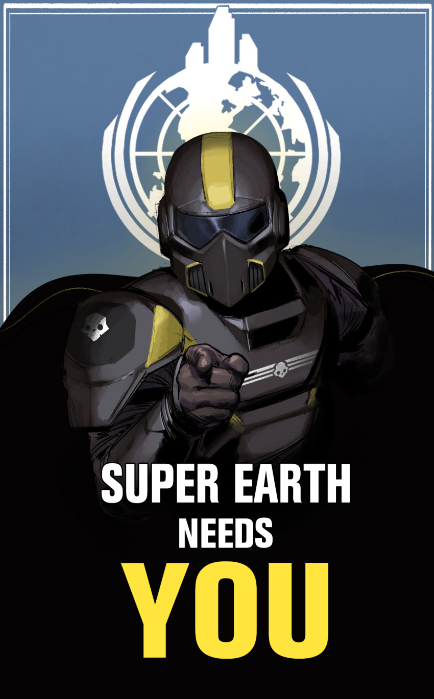 1other ambiguous_gender armor assault_visor black_armor blue_background brown_gloves commentary english_commentary english_text facing_viewer gloves helldiver_(helldivers) helldivers_(series) highres krekkov pointing pointing_at_viewer poster_parody propaganda solo space_marine two-tone_background yellow_trim