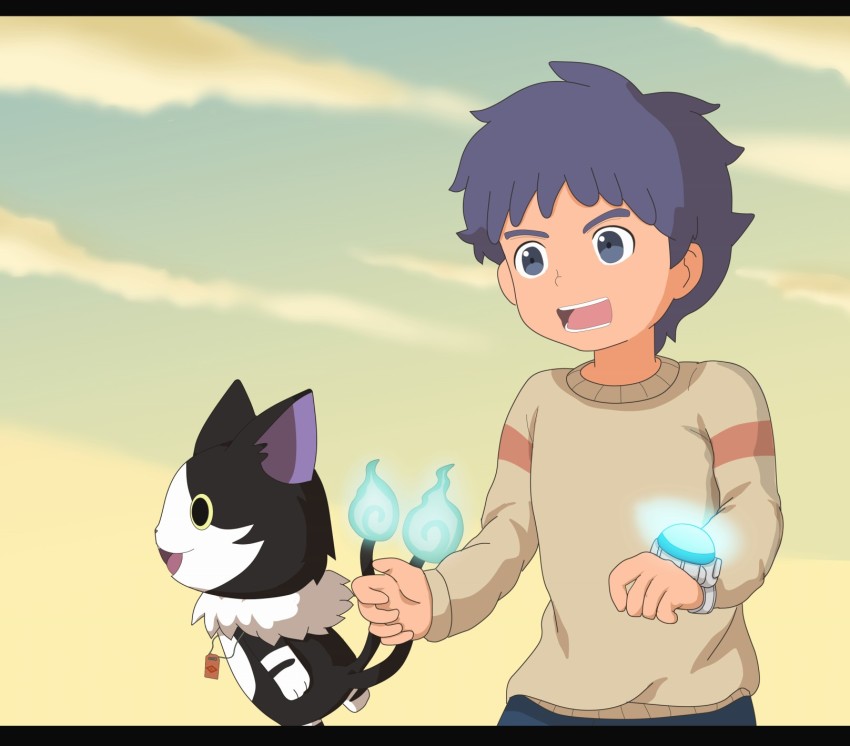 1960s_(style) 2boys animal_ears beige_sweater black_fur blue_hair cat cat_ears cat_tail dark_blue_hair excited highres karasusyoui multiple_boys nekomata nekomata_(youkai_watch) oldschool retro_artstyle shimomachi_shin smile sweater tail talisman traditional_youkai watch youkai_watch youkai_watch:_eiga_yokai_wotchi_foeba_furenzu youkai_watch_(object)