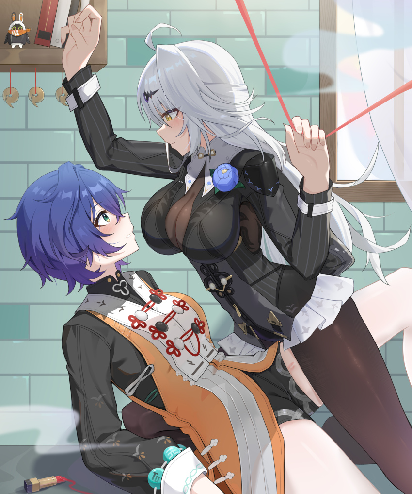 2girls absurdres ahoge belle_(delicate_daylight)_(zenless_zone_zero) belle_(zenless_zone_zero) black_pantyhose black_shirt black_unitard blue_flower blue_hair blue_rose bodystocking breasts chinese_clothes dress dress_over_shirt flower flower_on_chest hair_ornament highres large_breasts letter_hair_ornament long_hair long_sleeves looking_at_another multiple_girls official_alternate_costume orange_dress pantyhose rose shirt short_hair string w-baiye white_hair white_pantyhose yellow_eyes yi_xuan_(trails_of_ink)_(zenless_zone_zero) yi_xuan_(zenless_zone_zero) yuri zenless_zone_zero