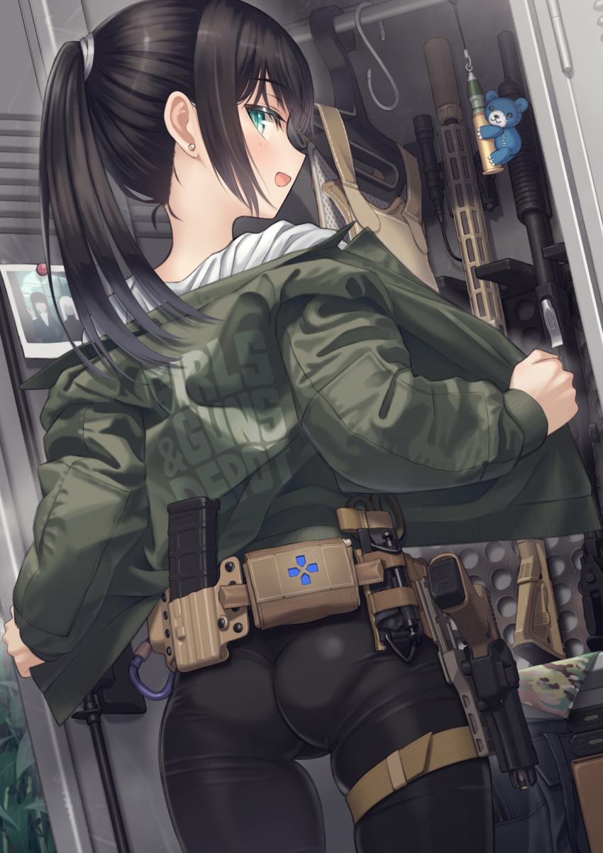 1girl ass assault_rifle belt bomber_jacket clothes_hanger ear_piercing flak_jacket from_behind glock gun gunbelt handgun highres holster holstered jacket locker magazine_(weapon) original photo_(object) piercing pistol ponytail removing_jacket rifle samaru_(seiga) shotgun skindentation thigh_strap weapon