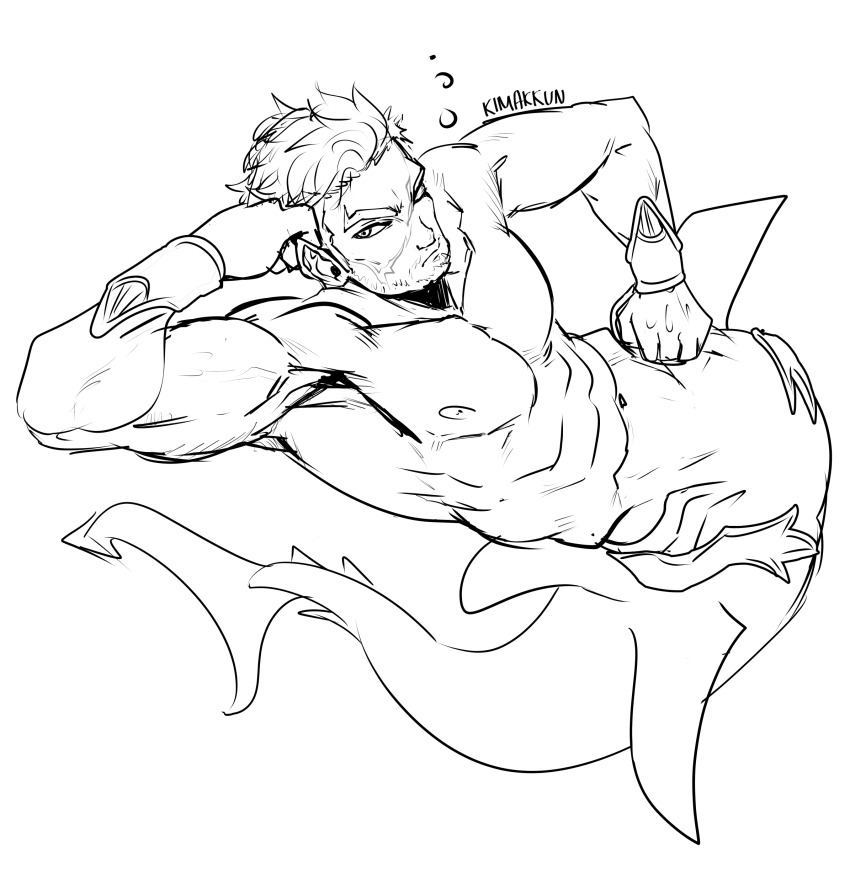 1boy absurdres bara coral_island greyscale highres kimakkun large_pectorals looking_at_viewer male_focus mature_male merman monochrome monster_boy muscular muscular_male nipples pectorals scar scar_on_face semeru_(coral_island) short_hair sketch solo thick_eyebrows