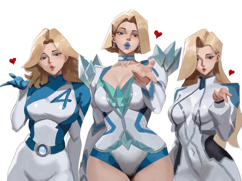 absurdres akinoshi_art blonde_hair blowing_kiss blue_eyes blue_lips breasts cape choker cleavage color_connection dagger_(marvel) earrings elbow_gloves emma_frost fantastic_four female_focus gloves hair_color_connection heart highres jewelry large_breasts leotard lipstick long_hair looking_at_viewer makeup marvel marvel_rivals navel short_hair smile sue_storm thighs trait_connection two-tone_bodysuit x-men