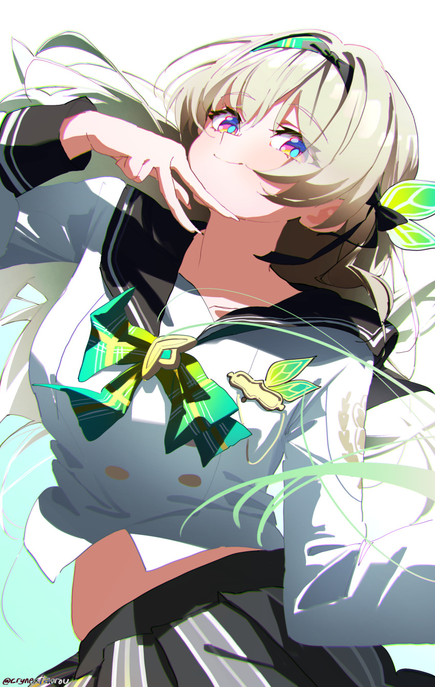 1girl absurdres black_bow black_hairband black_sailor_collar blue_eyes blue_pupils bow bowtie breasts buttons chromatic_aberration closed_mouth collarbone commentary cryne double-breasted fingernails firefly_(honkai:_star_rail) firefly_(spring_missive)_(honkai:_star_rail) gradient_background green_background green_bow green_bowtie grey_skirt hair_bow hairband hand_up highres honkai:_star_rail honkai_(series) large_breasts long_sleeves looking_at_viewer multicolored_eyes official_alternate_costume purple_eyes sailor_collar school_uniform serafuku shirt simple_background skirt smile solo twitter_username white_background white_shirt yellow_eyes