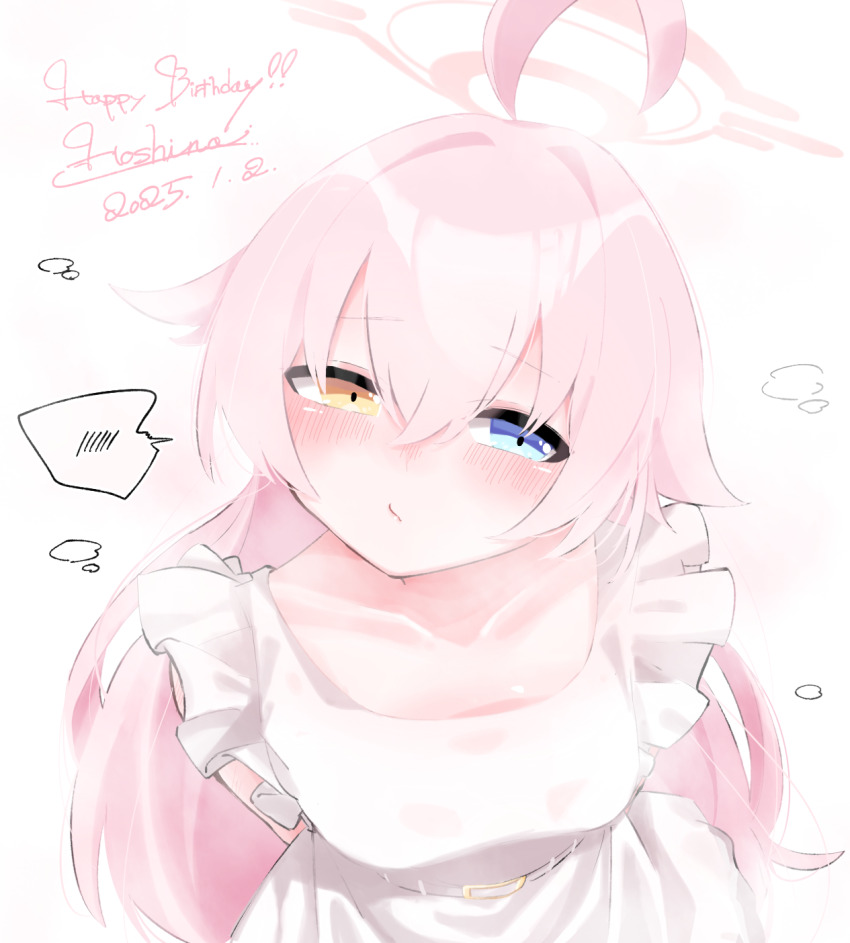 1girl ahoge alternate_costume blue_archive blush breasts character_name collarbone commentary_request dated dress halo happy_birthday heterochromia highres hoshino_(blue_archive) looking_at_viewer negu_(pixiv_6519140) pink_hair simple_background small_breasts solo spoken_blush white_background white_dress