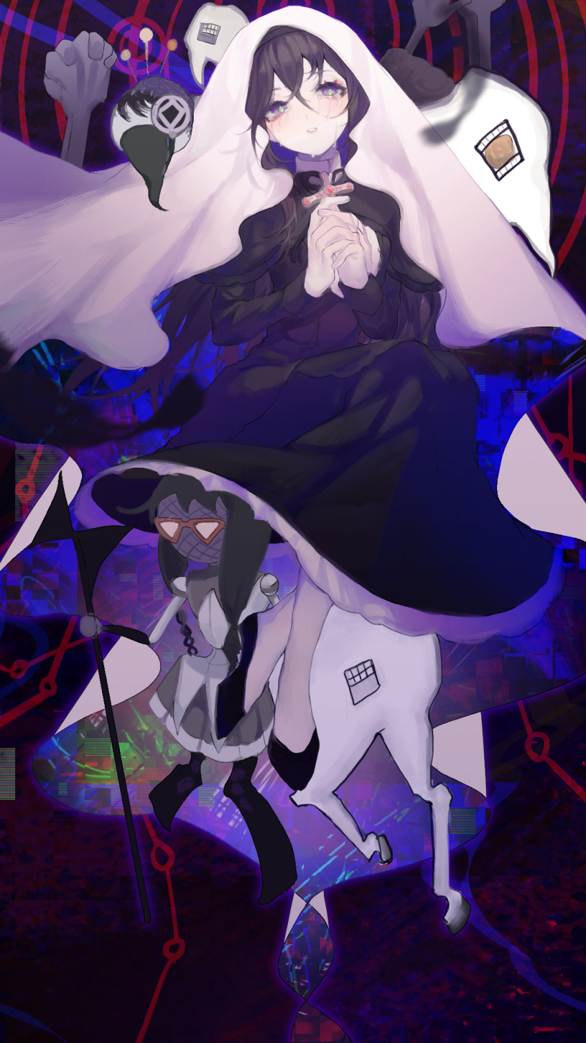 1girl ahehehe akemi_homura akemi_homura_(black_dress) black_dress black_hair black_hairband black_shoes blush cross crying crying_with_eyes_open dress dummy flats frilled_dress frills funeral_dress glasses hairband highres holding holding_cross long_hair low_twintails mahou_shoujo_madoka_magica own_hands_clasped own_hands_together parted_lips purple_eyes red-framed_eyewear shoes solo tears twintails veil white_veil