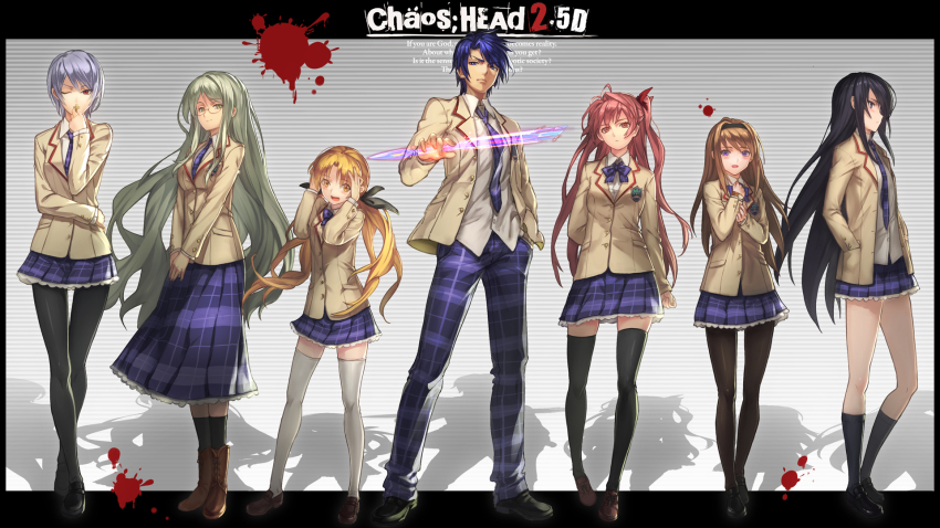 00s 1boy 6+girls aoi_sena black_hair black_socks blonde_hair blood blood_splatter blue_eyes blue_hair blush boots border chaos;head copyright_name cross english_text glasses green_eyes grey_hair hand_in_pocket hand_on_own_chest highres kishimoto_ayase kneehighs kusunoki_yua loafers long_hair long_skirt looking_at_viewer multiple_girls necktie nishijou_nanami nishijou_takumi one_eye_closed open_mouth orihara_kozue pantyhose plaid_clothes plaid_skirt pleated_skirt profile purple_eyes purple_hair red_eyes red_hair ryuuzaki_ichi sakihata_rimi school_uniform shoes short_hair sidelocks skirt smile socks thighhighs v_arms very_long_hair watch weapon white_legwear wink yellow_eyes zettai_ryouiki