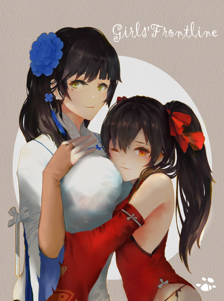 2girls absurdres baboon_(artist) beige_background between_breasts bow breast_hold breasts bridal_gauntlets brown_hair china_dress chinese_clothes closed_mouth copyright_name detached_sleeves dress earrings flower girls&#039;_frontline green_eyes hair_bow hair_flower hair_ornament head_between_breasts high_ponytail highres hug huge_breasts jewelry knot mole mole_under_eye multiple_girls official_alternate_costume one_eye_closed panties paw_print ponytail red_bow red_dress red_eyes side-tie_panties size_difference sleeveless sleeveless_dress stud_earrings texture type_95_(girls&#039;_frontline) type_95_(narcissus)_(girls&#039;_frontline) type_97_(girls&#039;_frontline) type_97_(peony)_(girls&#039;_frontline) underwear white_background yuri