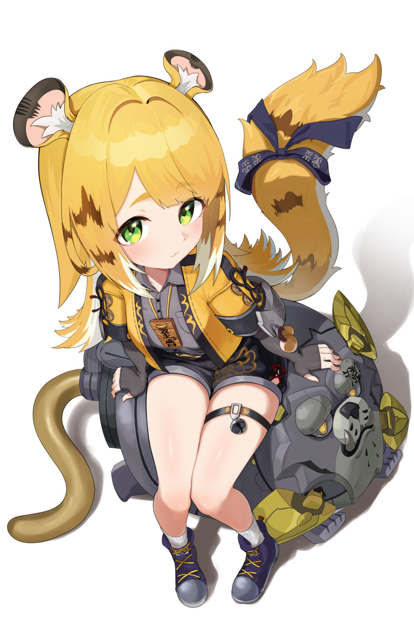 1girl absurdres animal_ears blonde_hair commentary fingerless_gloves gloves green_eyes highres ju_fufu knbd shorts sitting solo tail tail_ornament zenless_zone_zero