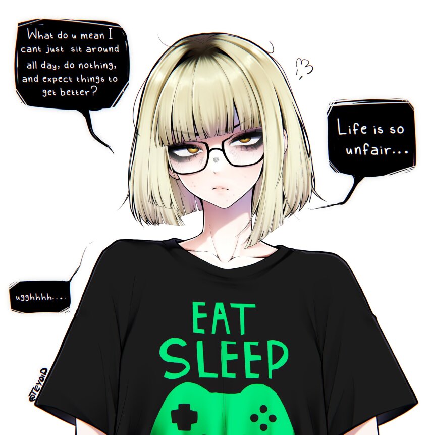 1girl black-framed_eyewear black_shirt blonde_hair blunt_bangs breasts brown_eyes closed_mouth collarbone english_text glasses highres looking_at_viewer multicolored_hair original roots_(hair) shirt short_hair simple_background small_breasts solo speech_bubble t-shirt teyoid twitter_username upper_body white_background