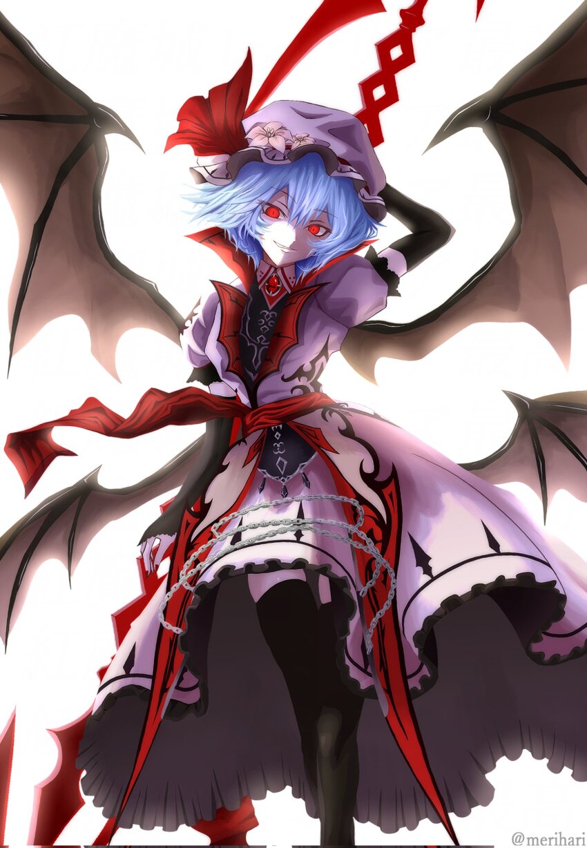 1girl artist_name bat_wings black_gloves black_pantyhose blue_hair brooch commentary_request dress fingerless_gloves flower frilled_dress frills gloves grin hair_between_eyes hat hat_flower hat_ribbon high_collar highres holding holding_polearm holding_weapon jewelry koumajou_densetsu looking_at_viewer merihari07 mob_cap multiple_wings open_mouth pantyhose pink_dress pink_hat polearm puffy_short_sleeves puffy_sleeves red_eyes red_nails red_ribbon remilia_scarlet ribbon sash shoes short_hair short_sleeves signature simple_background smile solo spear_the_gungnir touhou twitter_username weapon white_background wings