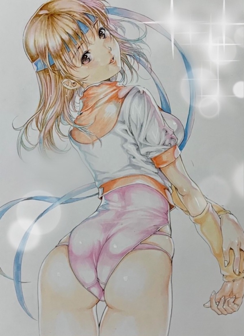1girl breasts brown_eyes brown_hair colored_pencil_(medium) crop_top headband highres hip_vent katsu_(24791909) leotard leotard_under_clothes long_hair marker_(medium) mecha medium_breasts medium_hair mikimoto_haruhiko_(style) multicolored_shirt multiple_girls purple_leotard red_shirt retro_artstyle robot shirt short_sleeves single_vertical_stripe skindentation sleeve_cuffs solo takaya_noriko top_wo_nerae! top_wo_nerae!_(series) traditional_media wedgie white_shirt wristband