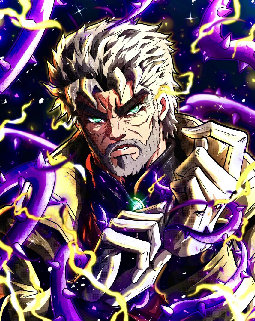 1boy 1other absurdres adjusting_clothes adjusting_gloves coat gem gloves green_eyes green_gemstone grey_beard grey_hair hamon hermit_purple high_collar highres jacket jojo_no_kimyou_na_bouken joseph_joestar joseph_joestar_(old) long_sleeves looking_at_viewer male_focus noonvincent old old_man plant serious short_hair solo stand_(jojo) stardust_crusaders thorns upper_body white_gloves yellow_jacket