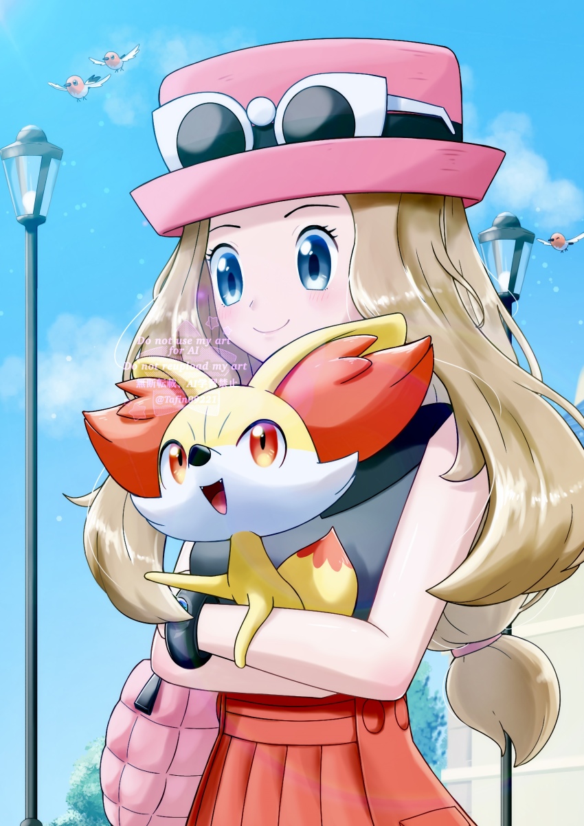 1girl absurdres bag blonde_hair blue_eyes bracelet closed_mouth cloud collared_shirt commentary_request day eyelashes eyewear_on_headwear fennekin fletchling gen_6_pokemon handbag happy hat highres holding holding_pokemon jewelry lamppost long_hair low-tied_long_hair nintendo outdoors pink_bag pink_hat pleated_skirt pokemon pokemon_(creature) pokemon_xy red_skirt serena_(pokemon) shirt skirt sky sleeveless sleeveless_shirt smile sunglasses tafin_(hdea2345) watermark