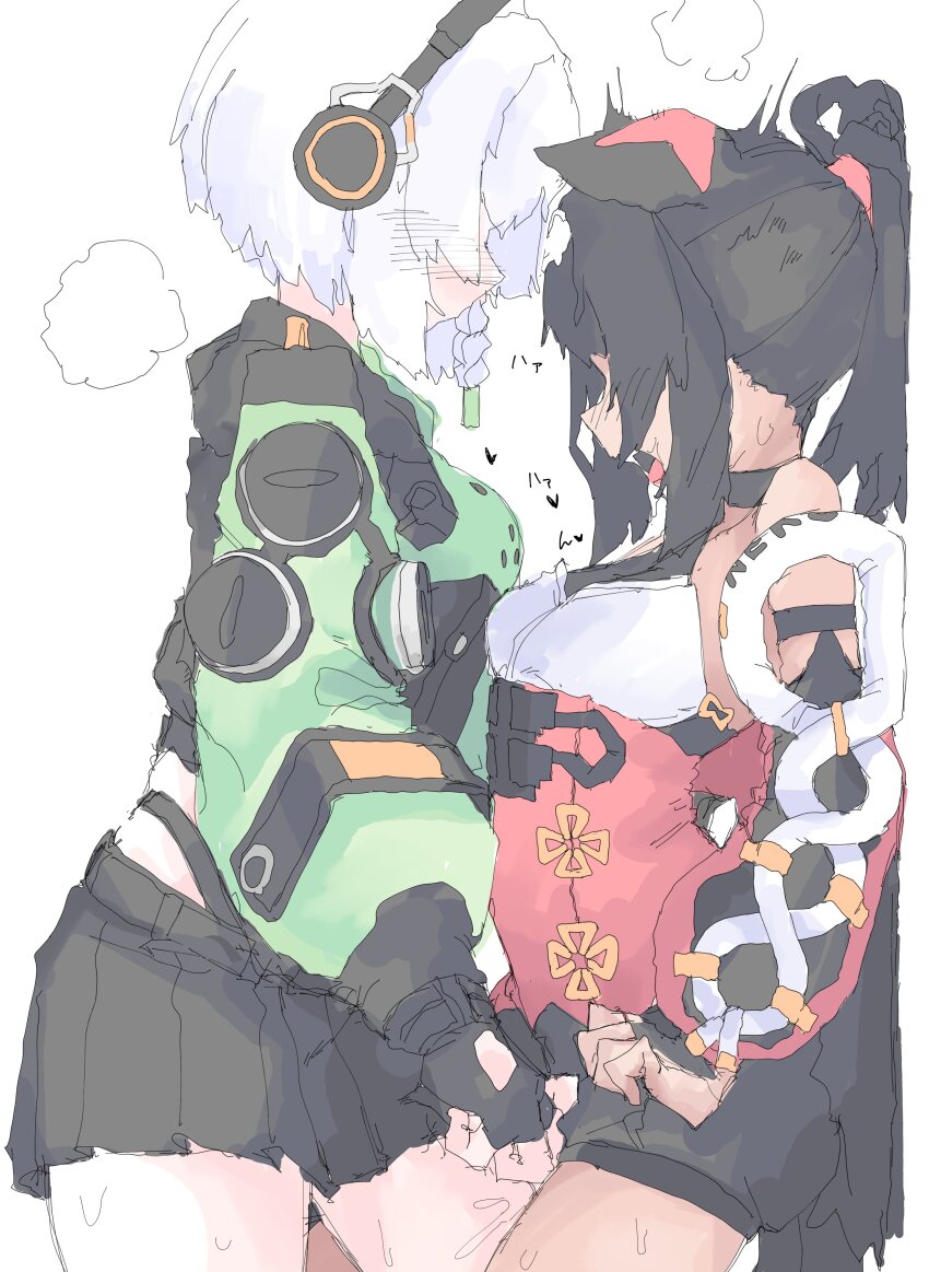 2girls absurdres against_wall anby_demara animal_ear_fluff animal_ears bare_shoulders black_hair black_skirt blush braid braided_sidelock breasts cat_ears cat_girl cat_tail clothing_cutout commentary_request corset detached_sleeves female_masturbation fingering fingering_through_clothes fingerless_gloves from_side glove_cutout gloves green_jacket green_sleeves grey_hair hairband headphones heart highres invisible_wall jacket leg_between_thighs masturbation mocamocaink multicolored_sleeves multiple_girls multiple_tails nekomiya_mana no_eyes open_mouth ponytail pussy_juice red_corset red_hairband red_sleeves short_hair simple_background skirt small_breasts steam sweat tail through_clothes twitching two_tails upper_body white_background yuri zenless_zone_zero