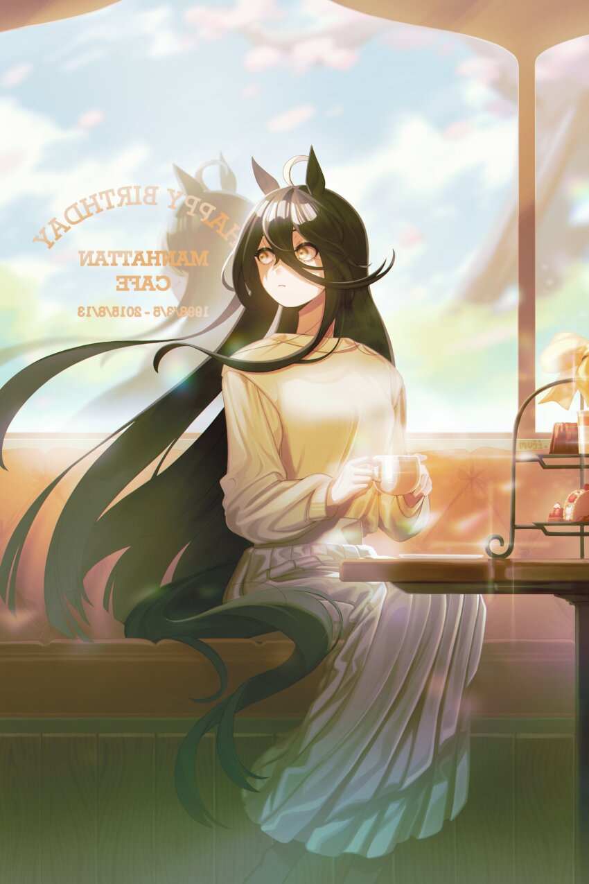 1girl absurdres ahoge alternate_costume animal_ears black_hair commentary cup ear_piercing earrings grey_skirt hair_between_eyes highres holding holding_cup horse_ears horse_girl horse_tail indoors jewelry long_bangs long_hair long_skirt long_sleeves looking_to_the_side manhattan_cafe_(umamusume) mujintou_png piercing single_earring sitting skirt solo sweater symbol-only_commentary table tail umamusume white_hair yellow_eyes yellow_sweater