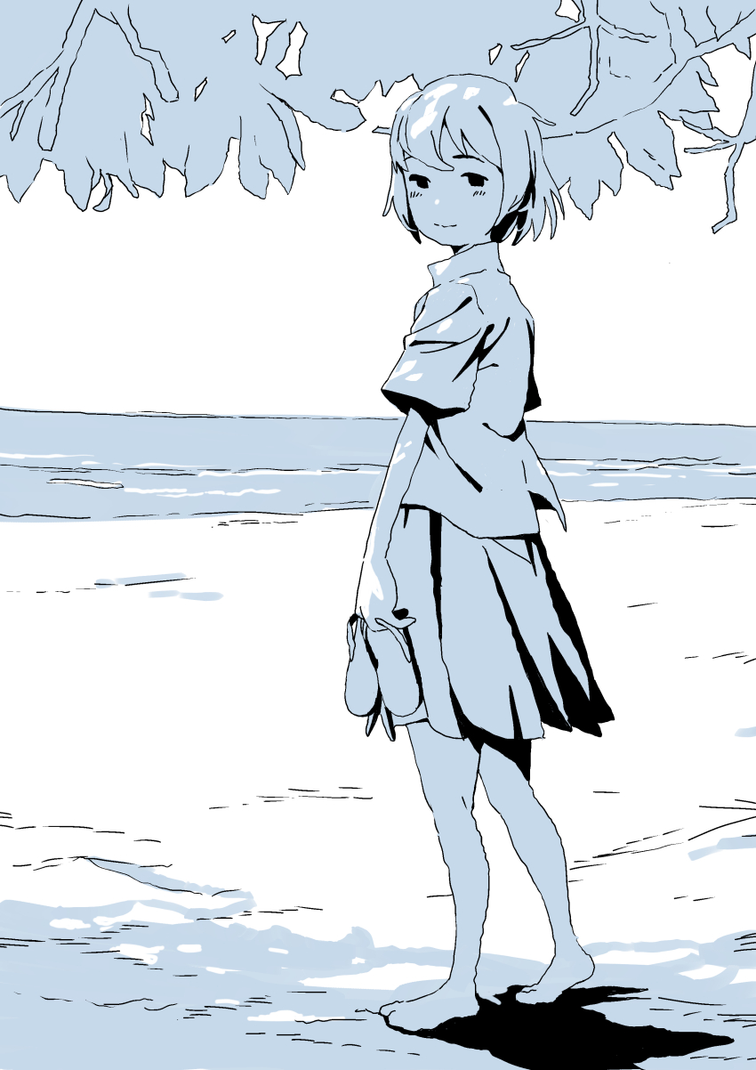 1girl absurdres barefoot beach blue_theme bob_cut closed_mouth highres kinokohead2121 looking_at_viewer monochrome ocean original outdoors pleated_skirt shirt short_hair short_sleeves skirt smile solo standing tree water