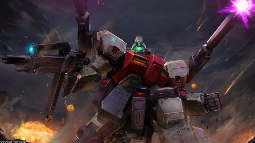 absurdres battle beam_cannon beam_rifle cloud cloudy_sky copyright_logo damaged debris dirty earth_federation energy energy_beam energy_gun firing glowing green_visor gundam gundam_battle_operation_2 gundam_unicorn highres jegan_heavy_equipment_type lens_flare looking_at_viewer machinery mecha mecha_focus mobile_suit no_humans official_art painting_(medium) realistic robot scan science_fiction scope sky smoke sunrise_(company) tenjin_hidetaka traditional_media weapon