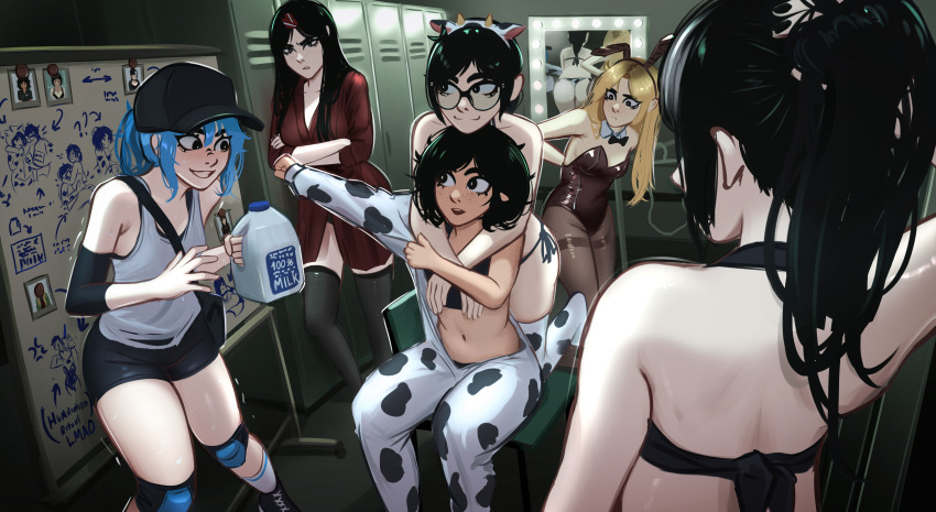 6+girls absurdres animal_ears animal_print black_eyes black_hair black_leotard black_pantyhose blonde_hair blue_hair blush bow cow_ears cow_print erka_(veyonis) fake_animal_ears fake_horns freckles glasses hair_between_eyes hair_bow highres horns hug indoors jessie_(veyonis) kadence_(veyonis) leotard mika_(veyonis) mirror multiple_girls original pantyhose playboy_bunny ponytail rabbit_ears reflection rosen_(veyonis) shirt short_hair sitting smile standing strapless strapless_leotard thighhighs veyonis white_shirt yuna_(veyonis)