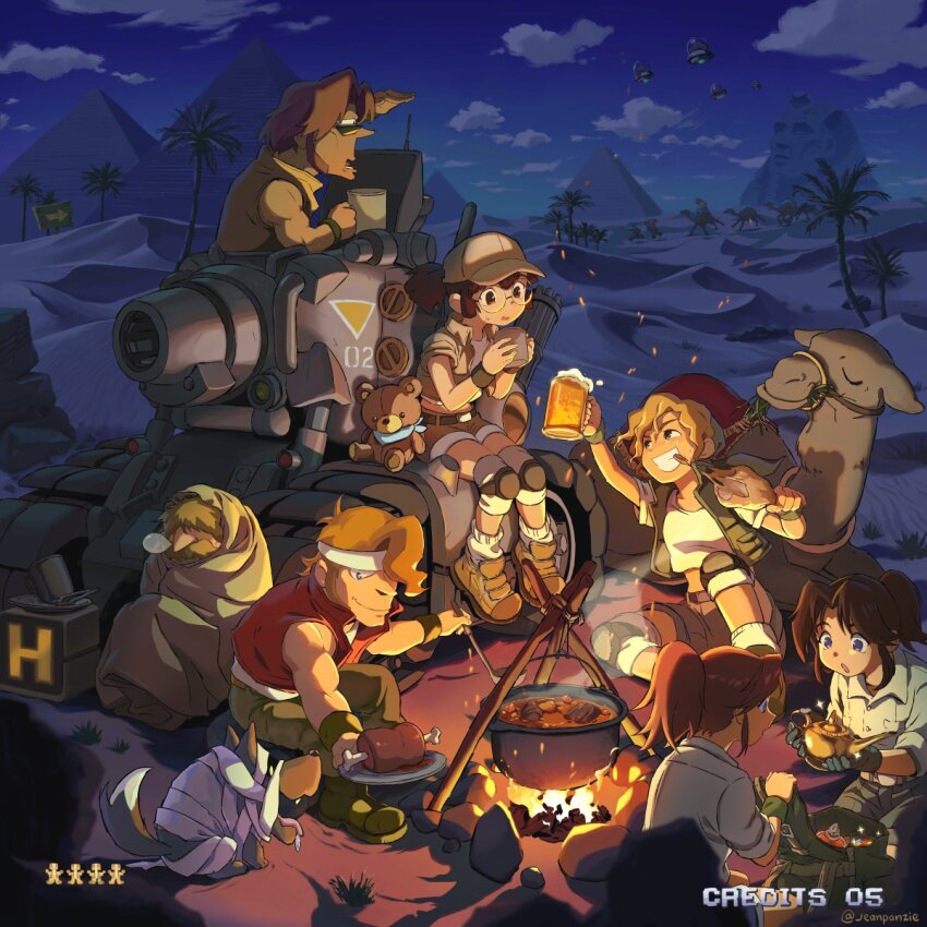 3boys 4girls alcohol beer beer_mug blonde_hair brown_hair camel character_request cloud cooking cup desert dog fio_germi genie_lamp glasses hat highres jnpz kasamoto_eri marco_rossi mars_people metal_slug military_vehicle motor_vehicle mug multiple_boys multiple_girls mummy night night_sky pants prisoner_of_war_(metal_slug) pyramid_(structure) sand short_sleeves shorts sky sleeveless sphinx tank tarma_roving