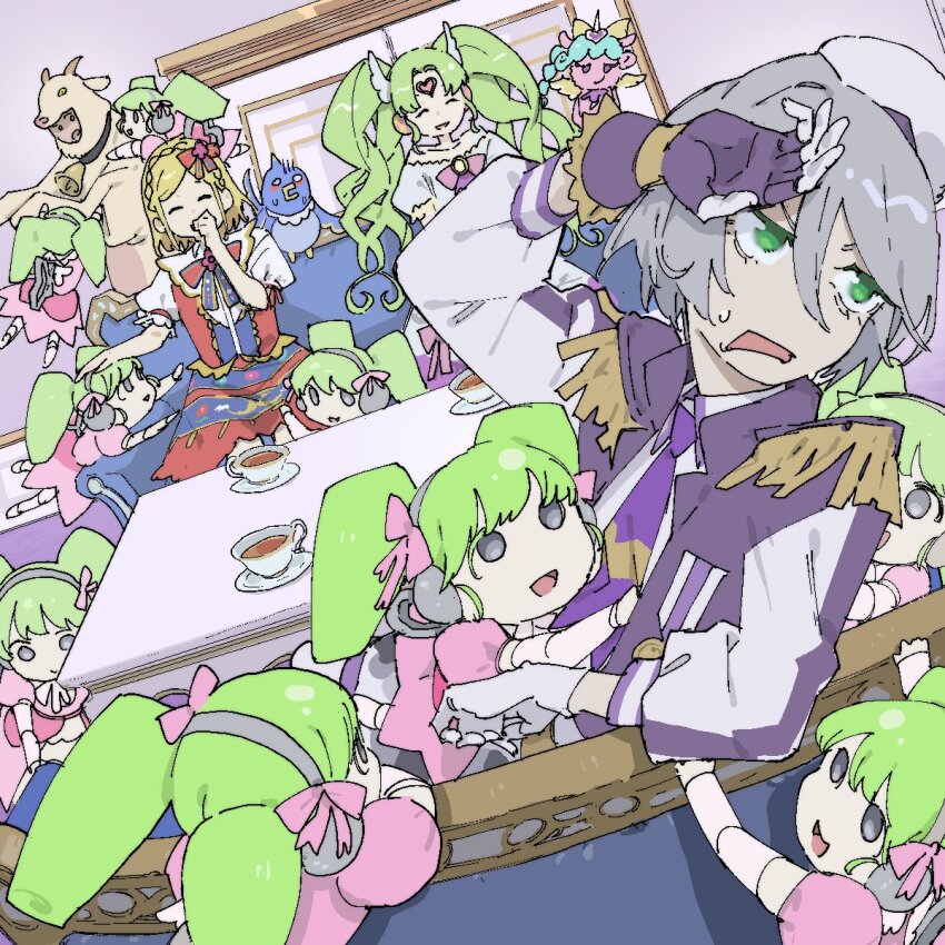 6+girls andou_rei annoyed arm_up blonde_hair braid character_doll clinging closed_eyes commentary_request couch covering_own_mouth crown_braid cup curly_hair doll_joints dress drill_hair epaulettes exhausted falulu falulu_(awakened) forehead_jewel goat_costume green_eyes green_hair grey_eyes grey_hair hair_ornament hair_ribbon hand_on_own_head hand_over_own_mouth hand_up hat headpat headphones highres indoors jacket joints kemura_(puripurinea) laughing long_hair long_sleeves looking_to_the_side midorikaze_fuwari multiple_girls necktie on_couch open_mouth pink_dress pink_ribbon pretty_series pripara puffy_short_sleeves puffy_sleeves purple_necktie ribbon shikyoin_hibiki short_hair short_sleeves sidelocks sitting smile table tea teacup too_many toriko_(pripara) twin_drills twintails unicorn_(pripara) white_dress white_headwear wing_hair_ornament