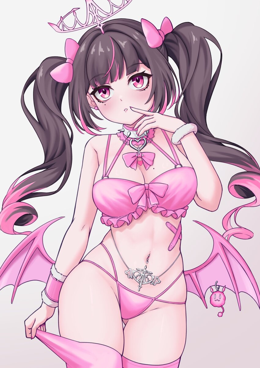 1girl bikini black_hair bow breasts cleavage collar colored_tips earrings hair_bow highres himemiya_rie jewelry low_wings mole mole_on_breast mole_under_eye multicolored_hair navel navel_piercing o-ring o-ring_bikini phase_connect piercing pink_bikini pink_bow pink_eyes pink_hair pink_thighhighs pink_wings ragerkgk solo spiked_collar spikes streaked_hair swimsuit thigh_gap thighhighs tiara twintails virtual_youtuber wings