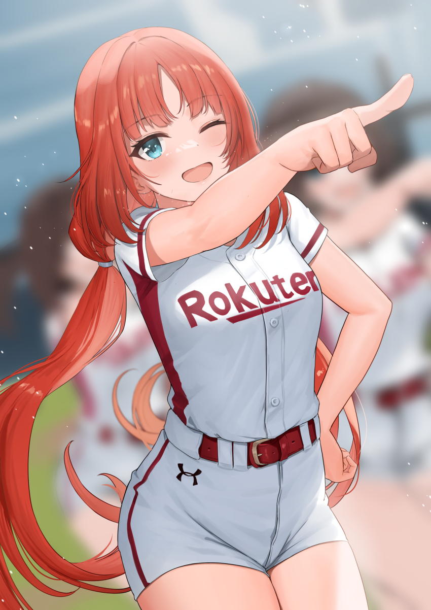 3girls ayul_(ayulneri_92) belt blurry blurry_background blush breasts genshin_impact green_eyes highres large_breasts long_hair looking_at_viewer low_twintails multiple_girls nilou_(genshin_impact) nippon_professional_baseball one_eye_closed open_mouth outstretched_arm pointing red_hair shirt short_sleeves shorts sidelocks smile solo_focus thighs touhoku_rakuten_golden_eagles twintails under_armour white_shirt white_shorts
