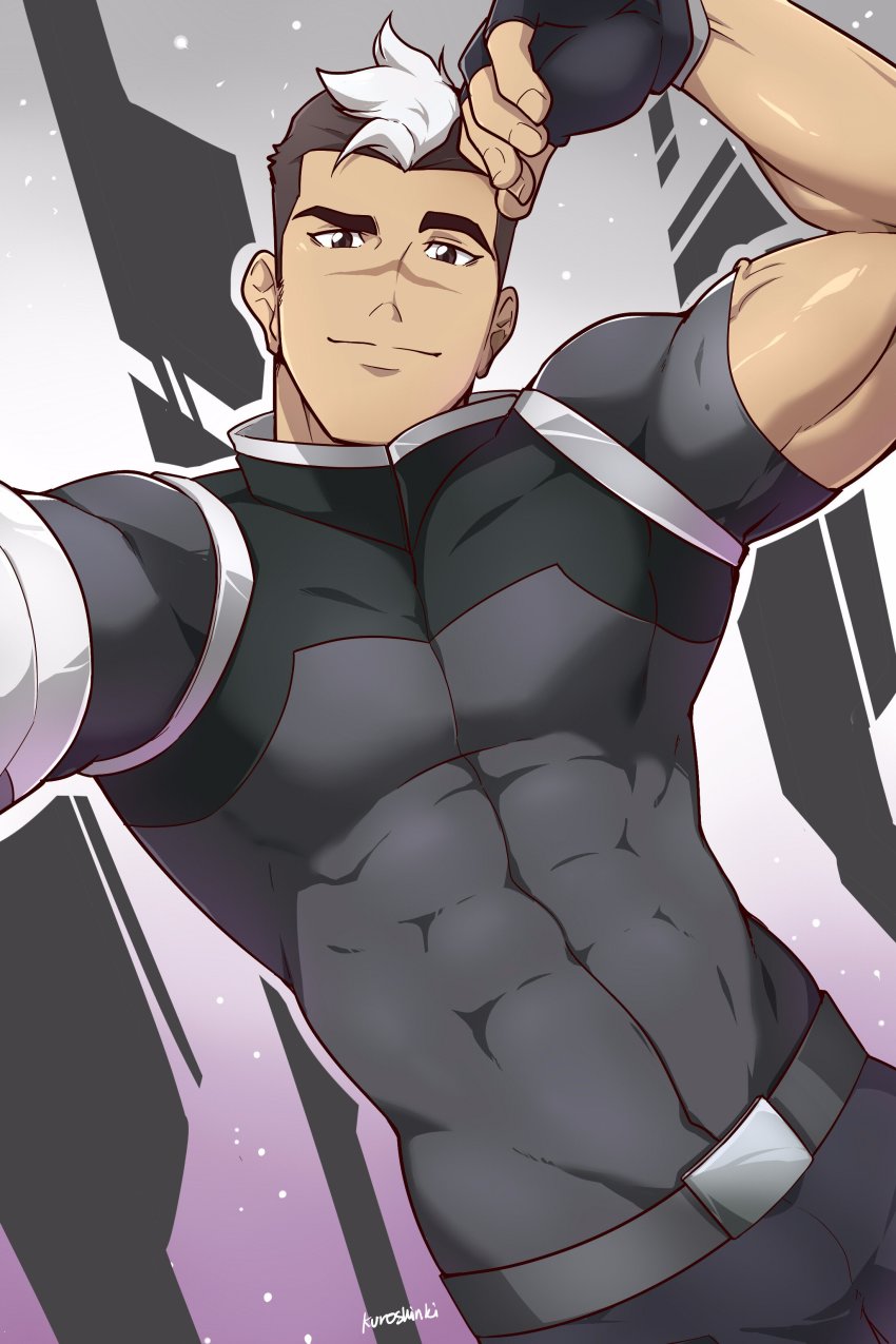 1boy absurdres black_gloves black_hair bodysuit fingerless_gloves gloves highres hyakujuu-ou_golion kuroshinki looking_at_viewer male_focus multicolored_hair muscular muscular_male pectorals scar short_hair skin_tight smile solo two-tone_hair upper_body voltron:_legendary_defender voltron_(series) white_hair