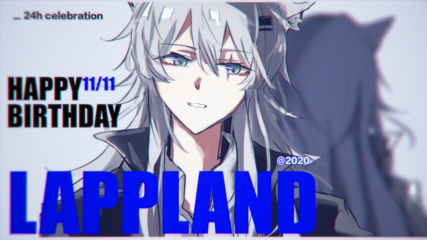 1girl animal_ears arknights blue_eyes character_name chinese_commentary commentary_request grey_background grey_hair hair_between_eyes hair_ornament hairclip happy_birthday highres lalvice lappland_(arknights) long_hair looking_at_viewer parted_lips portrait reflection scar scar_across_eye scar_on_face solo wolf_ears wolf_girl