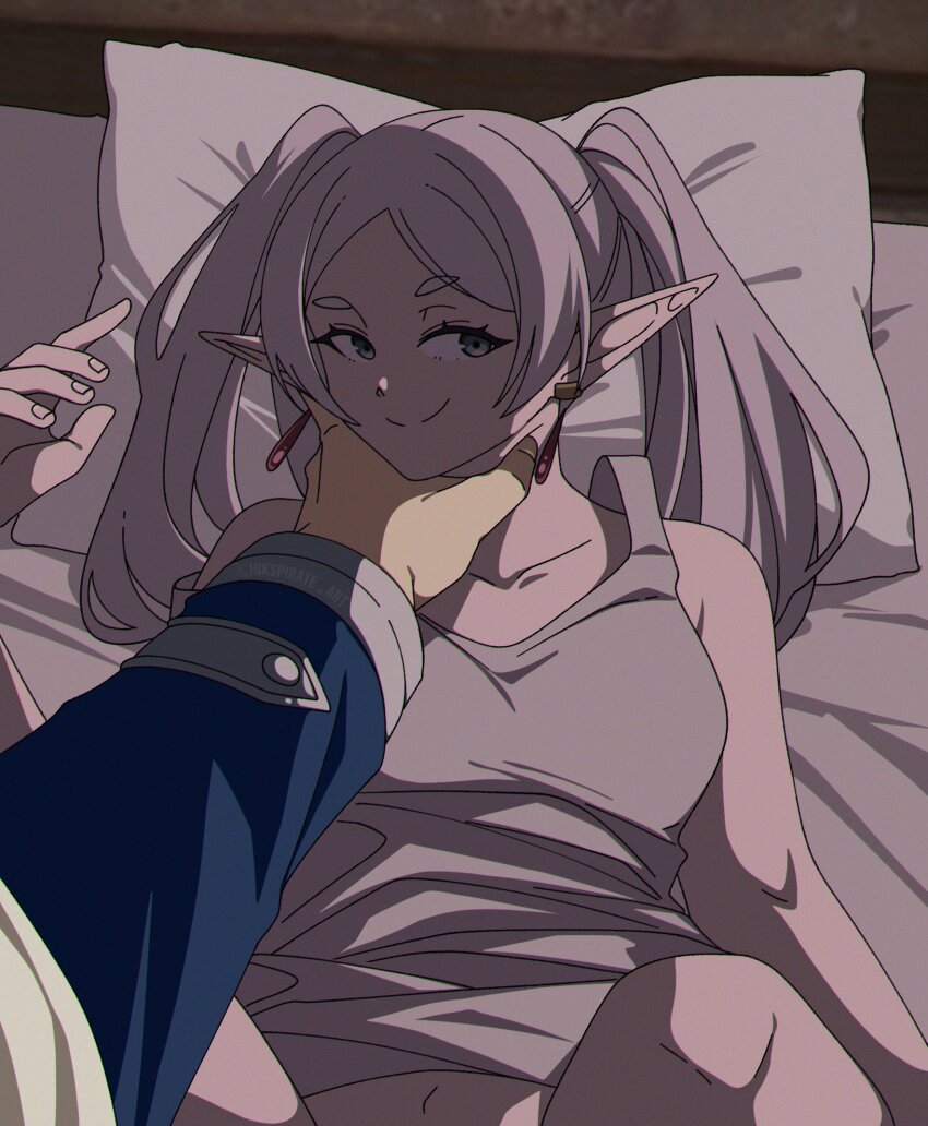 1boy 1girl bed blue_tunic commentary earrings elf frieren green_eyes grey_hair grey_tank_top highres himmel_(sousou_no_frieren) inkspirate long_sleeves looking_at_viewer lying on_back on_bed pointy_ears pov smile smug sousou_no_frieren tank_top teardrop_earrings tunic twintails
