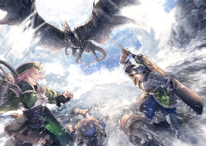 1boy 1girl 2others ambiguous_gender animal_ears armor asymmetrical_armor belt belt_pouch blue_eyes blue_pants cat cat_ears dragon dragon_horns dragon_tail dragon_wings felyne girdle gloves goggles goggles_on_head grey_hair hat helmet highres holding holding_sword holding_weapon horns hunter_(armor) kushala_daora monster monster_hunter:_world monster_hunter_(character) monster_hunter_(series) multiple_others pants pink_hair pouch sabaton scales shoulder_armor slinger_(monster_hunter) snow spread_wings sword tail teeth touro weapon weapon_on_back western_dragon white_fur wind wings