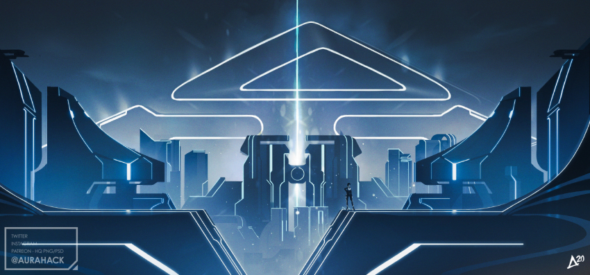 1girl artist_name aurahack commentary_request cyberpunk female_focus limited_palette neon_lights neon_trim quorra scenery solo tron tron:_legacy