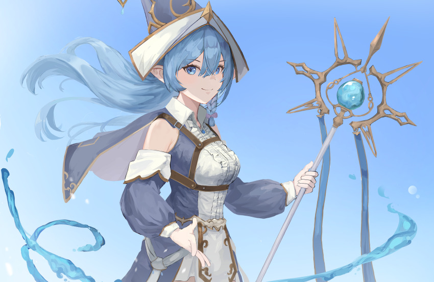 1girl blue_background blue_eyes blue_hair breasts card_game center_frills closed_mouth detached_sleeves dress duel_monster frilled_dress frills from_side hat highres holding holding_scepter long_hair long_sleeves looking_at_viewer medium_breasts nbee_ya pointy_ears scepter simple_background smile solo upper_body water water_enchantress_of_the_temple witch witch_hat yu-gi-oh!