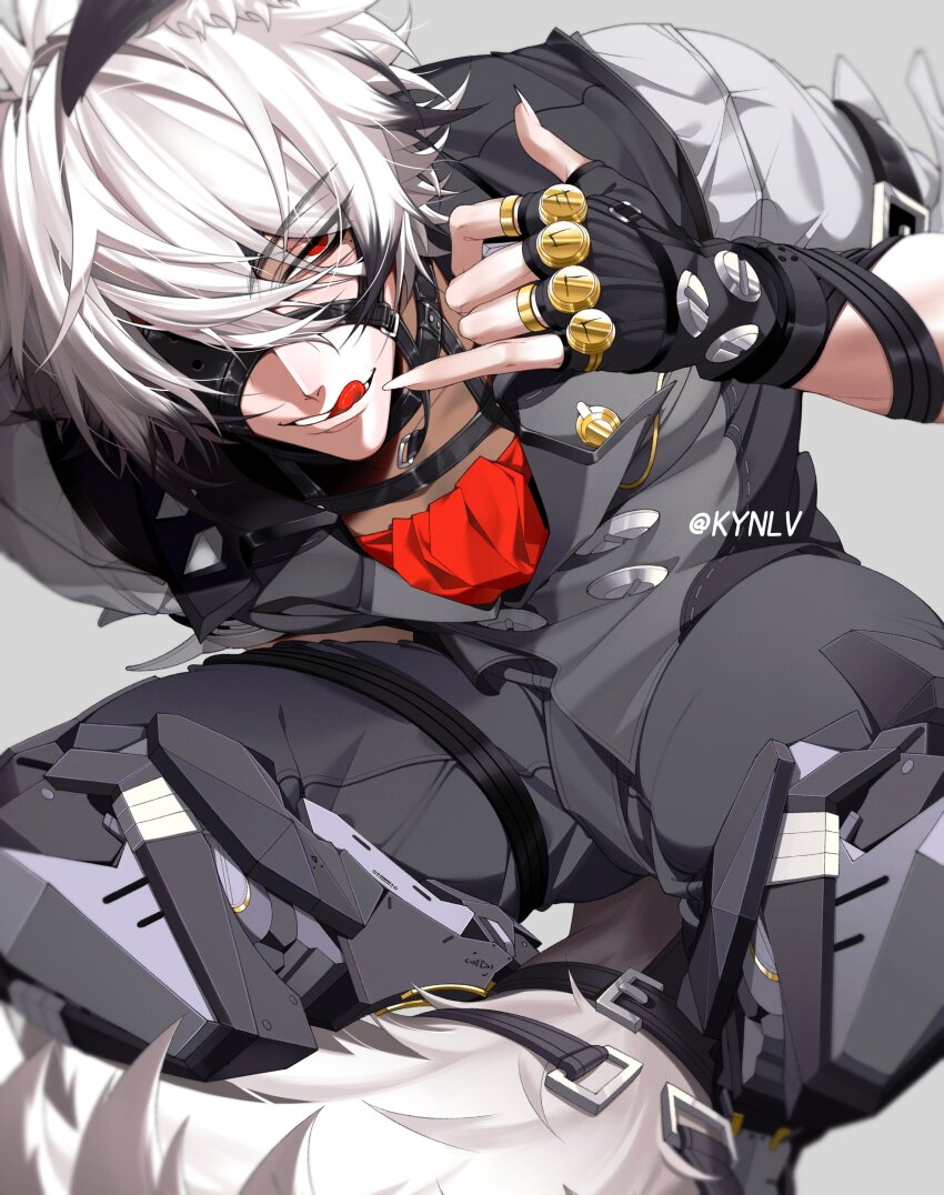 1boy :p absurdres fingerless_gloves fingernails gloves hair_between_eyes highres humanization kynlv looking_at_viewer male_focus red_eyes sharp_fingernails short_hair solo squatting tail teeth tongue tongue_out upper_teeth_only von_lycaon white_hair white_tail wolf_boy zenless_zone_zero